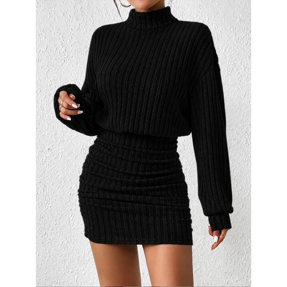 COMMENSE Black Mock Neck Ribbed Long Sleeve Mini Dress M NEW